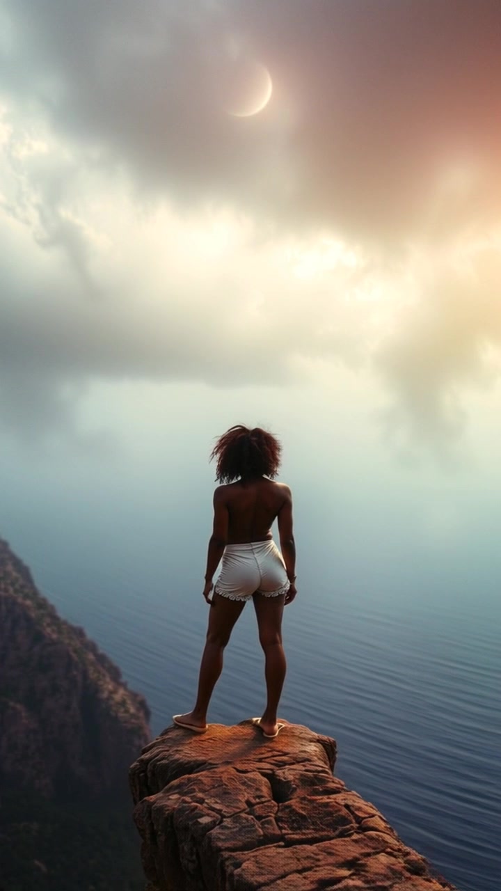 Subject: A lone figure standing on a cliff edge. Subject movement: The figure stands still, gazing out over the vast ocean, with a gentle breeze causing their hair to sway slightly. Scene: Cliff edge overlooking a turbulent ocean under a moody, cloudy sky. Style: Soft, diffused lighting enhancing the dramatic atmosphere of the scene. Motion: The camera begins with a close-up on the figure and then slowly pushes out to reveal the expansive ocean and sky, capturing the grandeur of the moment.