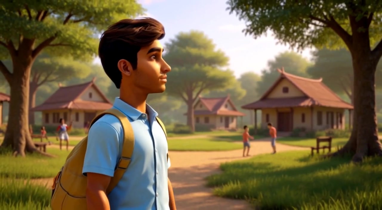 The boy stands in sunlight, gazing curiously at the forest, leaves gently rustling in the warm breeze.