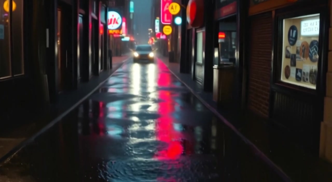 Raindrops gently splatter on the pavement as they fall, creating ripples in puddles along a blurred alley.