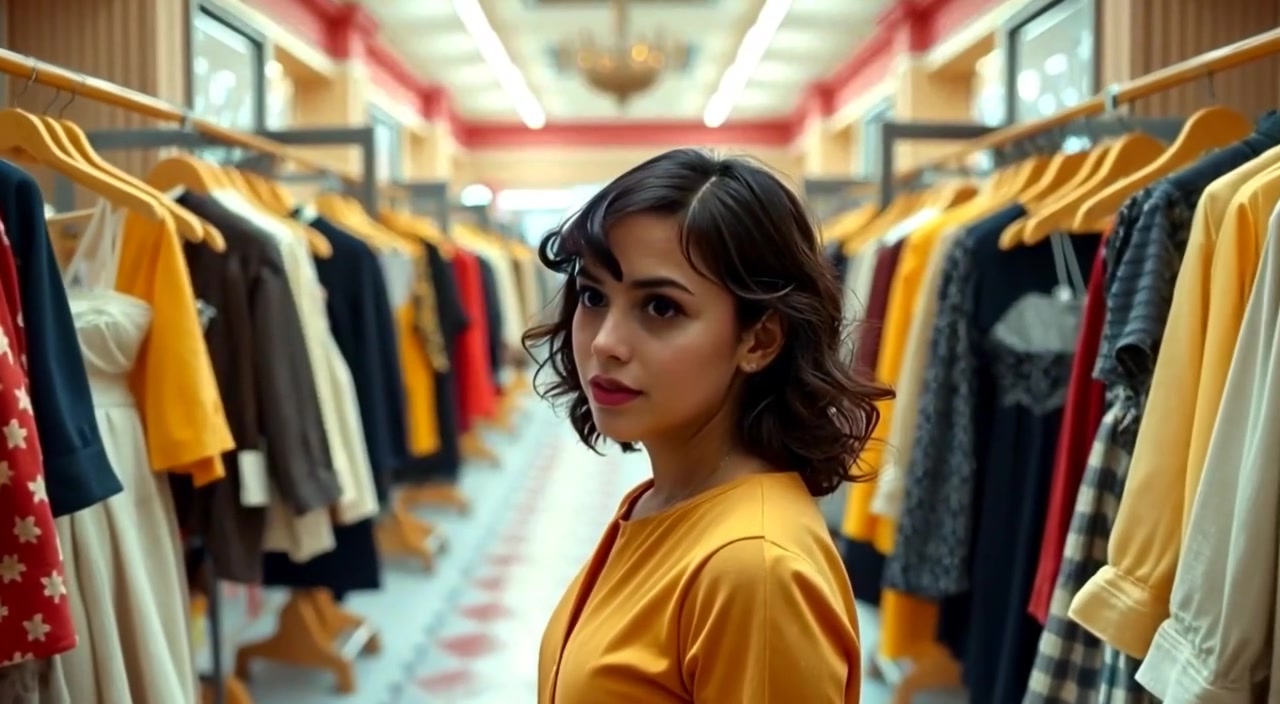 The woman glances over clothing racks, her expression remaining indifferent as she explores the boutique.