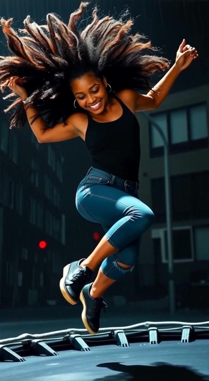 The woman jumps joyfully on a trampoline, her hair bouncing gently in the air, with a vibrant background.