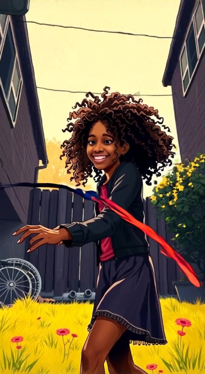 A girl skips rope happily in a sunny backyard, her laughter echoing in the gentle breeze.