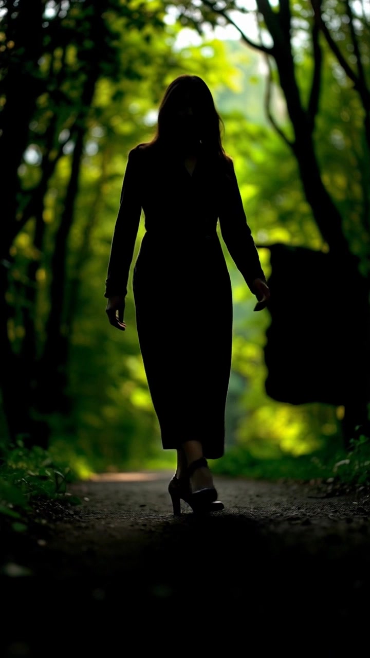Scene: A close-up view of feet stepping confidently onto a winding forest path, surrounded by lush green trees. Style: Soft, dappled sunlight filtering through the foliage, creating a warm and inviting atmosphere. Motion: The camera gently follows the feet as they move along the path, gliding smoothly to capture the serene beauty of the forest floor.