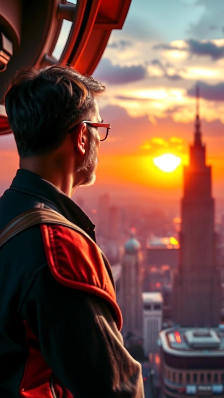 Subject: A person gazing thoughtfully from a balcony. Subject movement: The figure stands still, absorbing the vibrant cityscape and the golden hues of sunset. Scene: A balcony overlooking a bustling city as the sun sets, casting warm light over the structures below. Motion: The camera slowly pushes in to capture the serene expression of the figure while revealing the dynamic energy of the city in the background. Lighting: Warm sunset tones create an inviting atmosphere, enhancing the contrast between the calm balcony and the lively city.