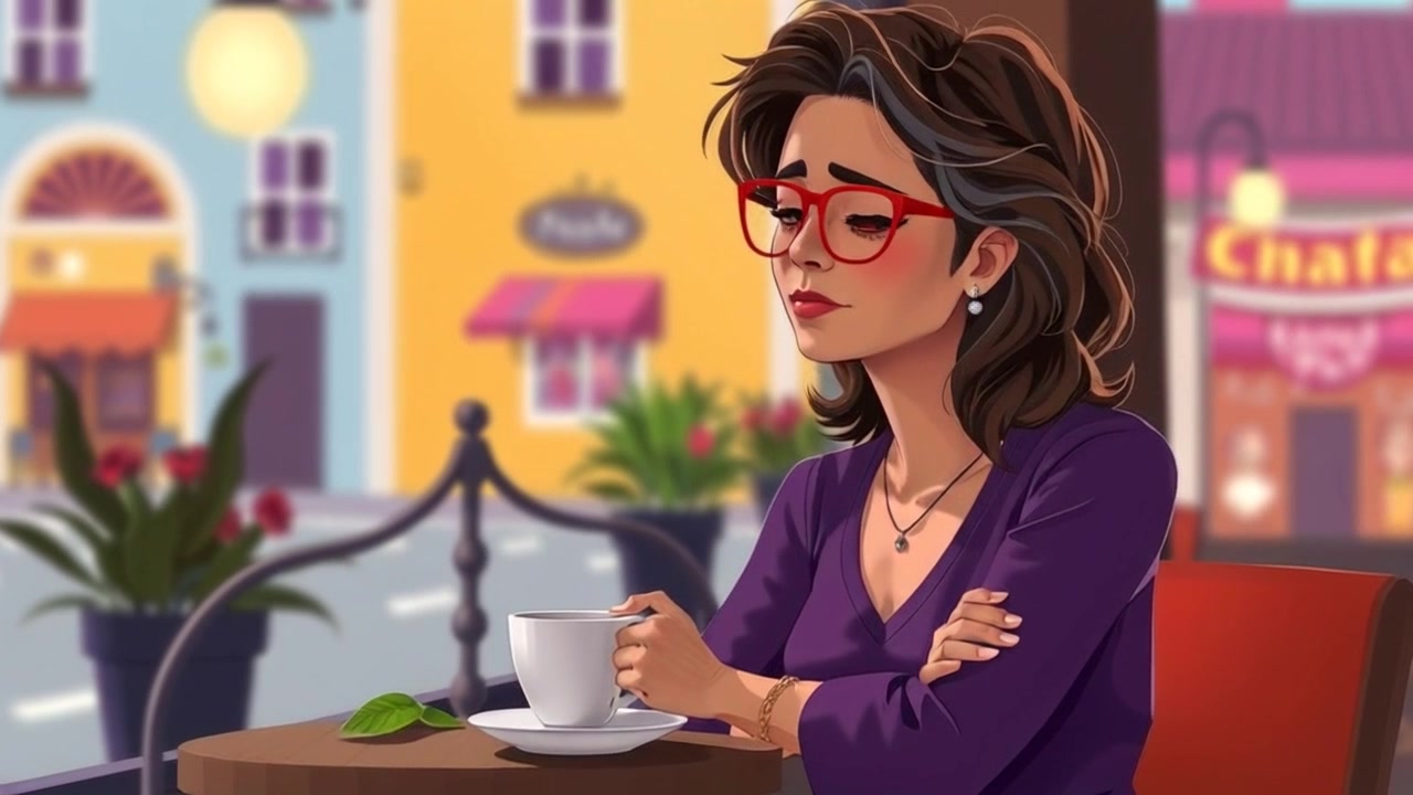 Subject (Ananya in casual clothing, focused expression, seated at a cafe table with a cup of coffee) + Subject movement (Subtle head turn, slight leaning forward) + Scene (Cozy cafe setting with warm interior decor, soft chatter in the background) + Camera Language (Slow zoom in on Ananya's face) + Lighting (Soft natural light coming from the window) + Atmosphere (Quiet contemplation, cozy ambiance)