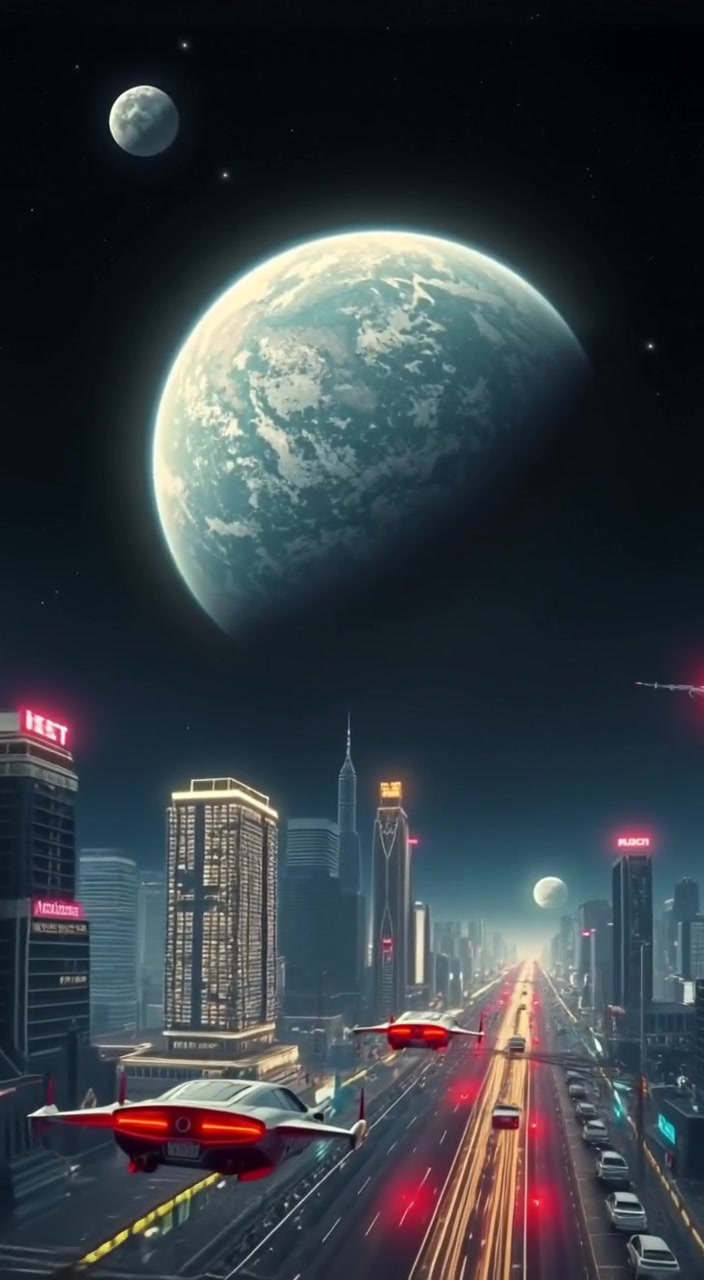 Flying cars glide smoothly between towering neon skyscrapers under a starry sky, with vibrant lights illuminating the city.