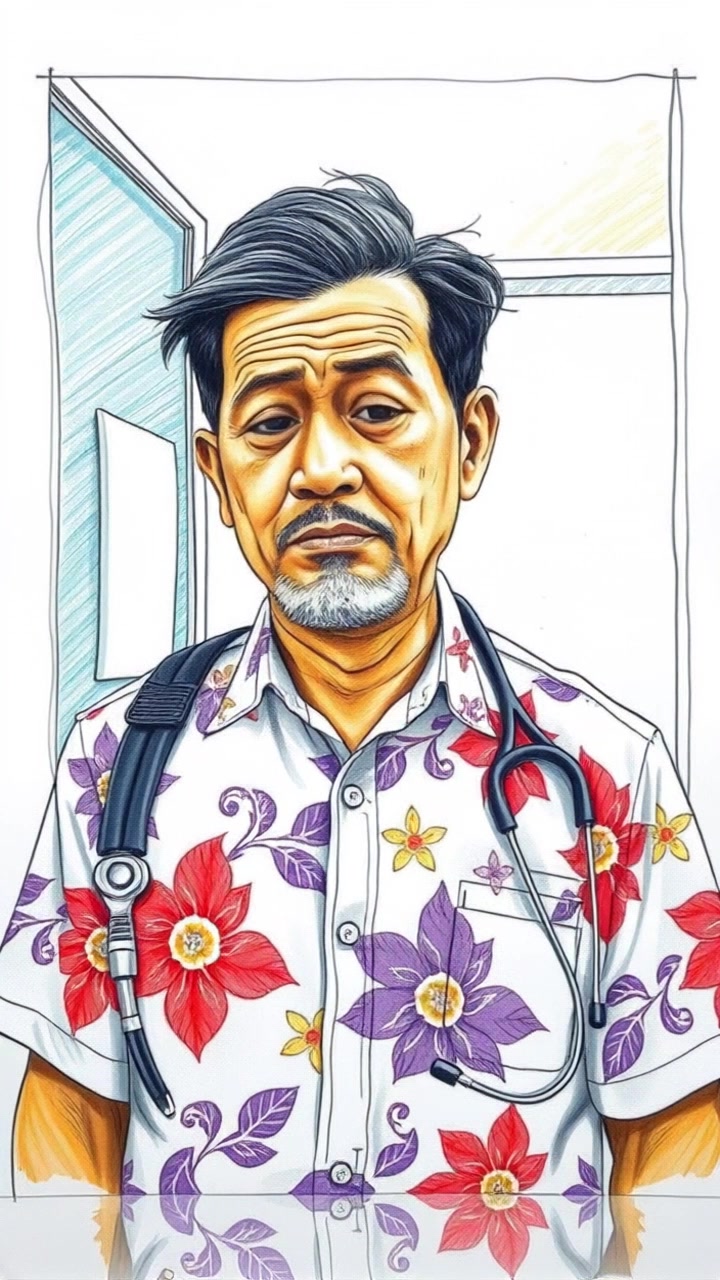 Subject (Build, Batik shirt, Confused expression) + Subject movement (Enters) + Scene (Doctor's office) + Camera Language (Tracking shot) + Lighting (Fluorescent) + Atmosphere (Confusion, Clinical)
