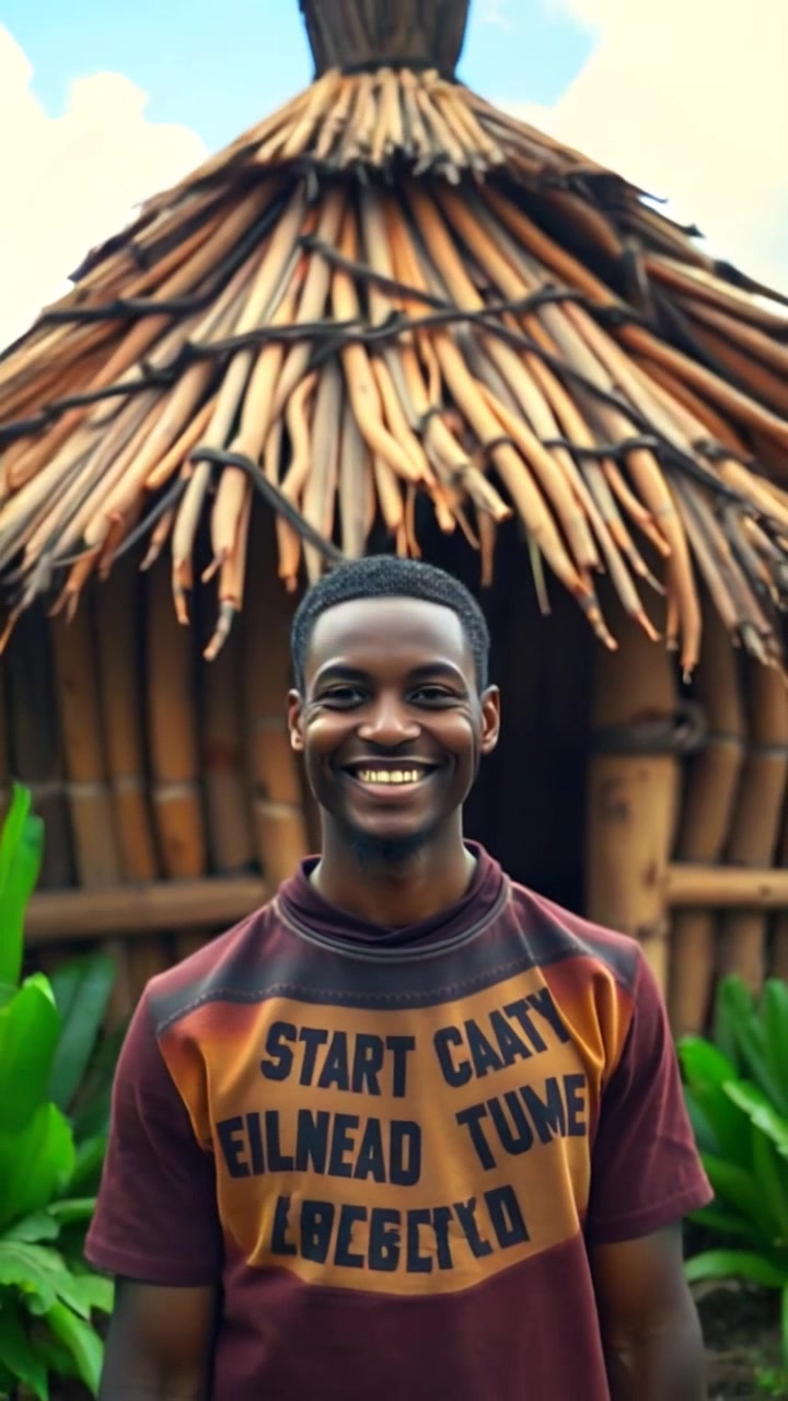 Subject: Sherriffo Ceesay, Subject movement: He smiles warmly at the camera, taking a step forward with an inviting gesture. Scene: In front of a traditional Gambian hut surrounded by vibrant greenery and a clear blue sky. Style: Bright, natural lighting emphasizing the earthy colors of the hut and lush surroundings. Motion: The camera slowly pushes in to capture his friendly expression, while gently tilting upward to reveal the beautiful thatched roof and the serene landscape behind.