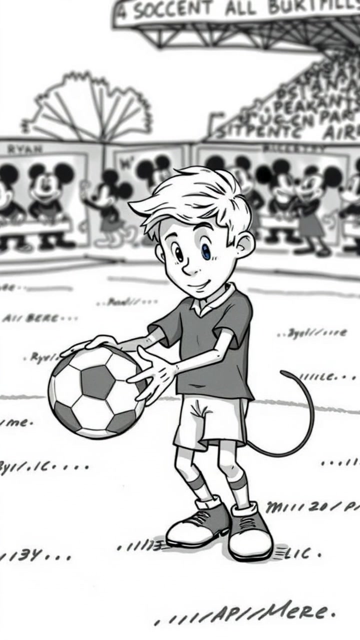 Subject: A young boy, Mickey, poised on the soccer field. Subject movement: Mickey skillfully receives the ball and prepares to make his next play. Scene: Brightly lit soccer field with vibrant green grass and goalposts in the background. Style: Morning light illuminating the scene, creating a fresh and energetic atmosphere. Motion: Medium close-up shot that pans smoothly around Mickey as he controls the ball, highlighting his concentration and excitement.