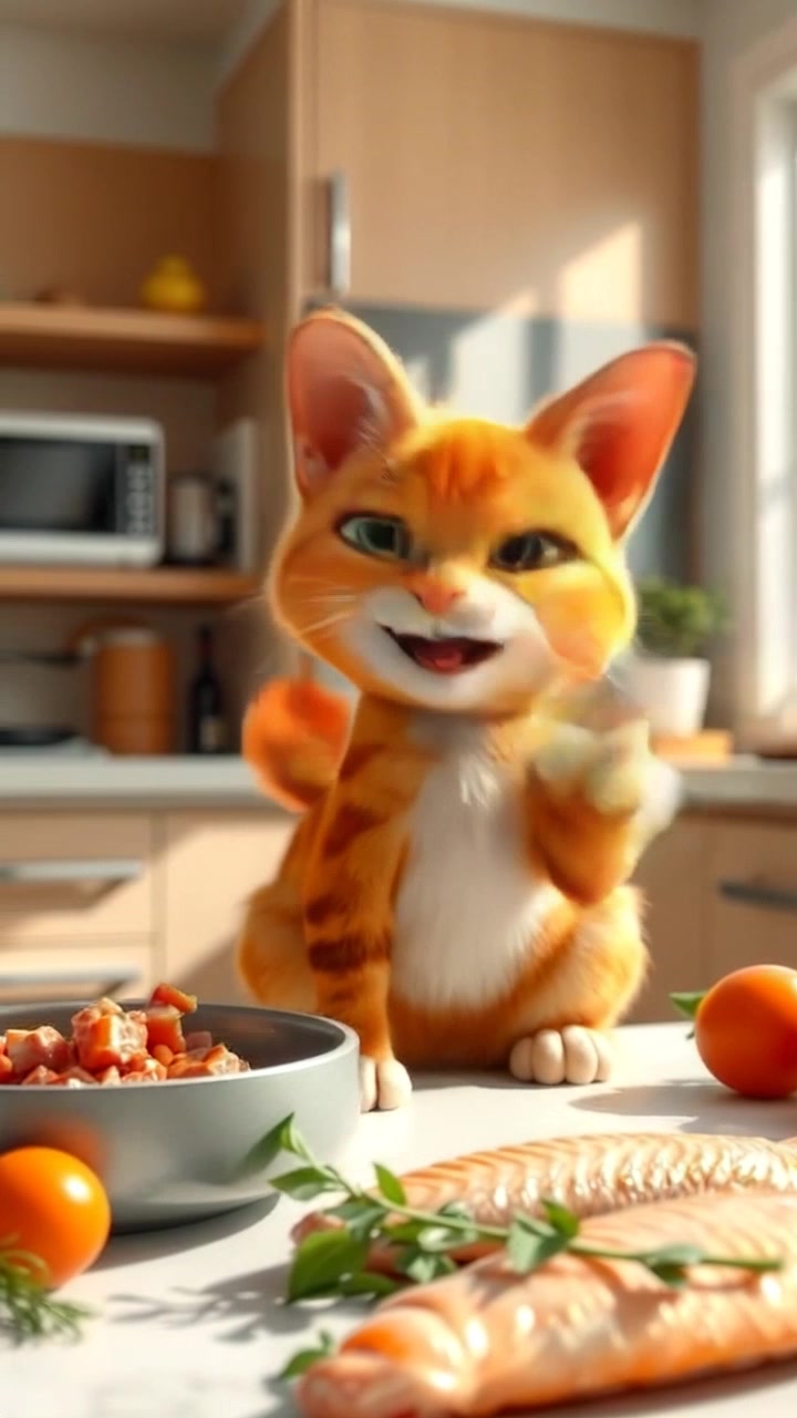Chester sits on a kitchen counter, looking excited, with various cooking ingredients like fish and herbs around him.