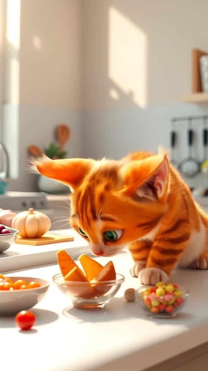 Chester, the kitten, sits on a kitchen counter, sniffing various colorful ingredients laid out in bowls.