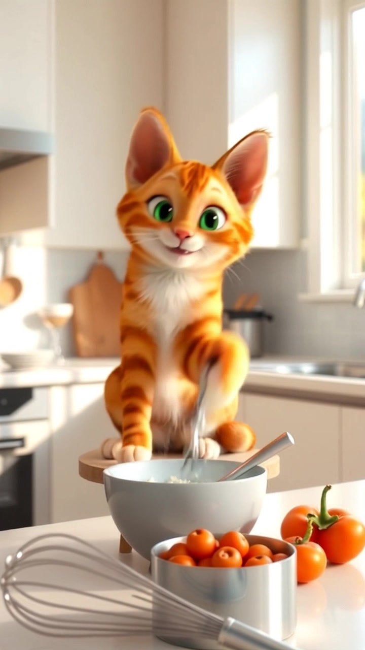 Chester sits on a kitchen stool, smiling, with a whisk in front of him and a bowl nearby.