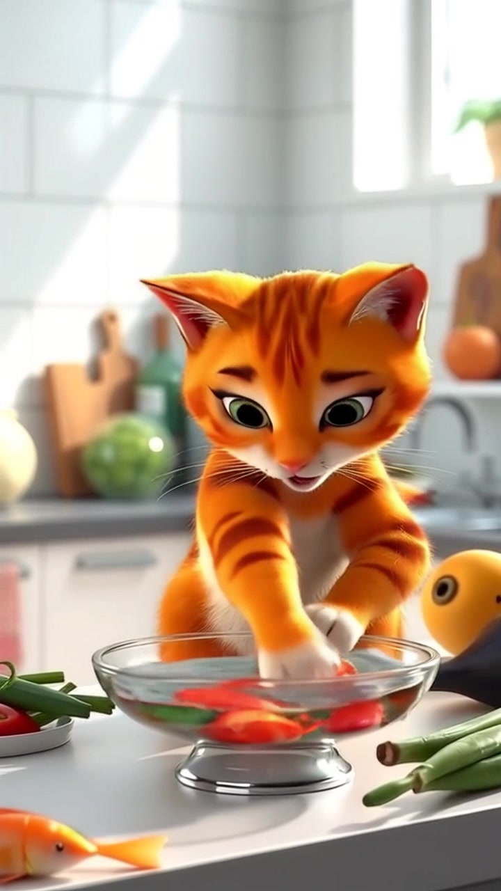 Chester, with a focused expression, paws at a bowl of fish, purring loudly amidst a cluttered kitchen.