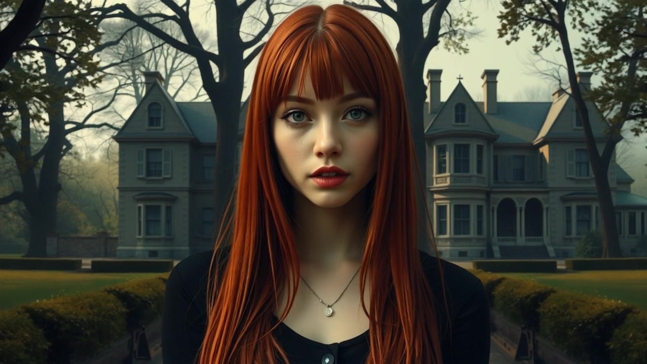 Subject (Build: Slender, Hairstyle: Long flowing hair, Clothing: Vintage dress, Facial features: Serene expression) standing still in front of an old, large estate surrounded by trees in a quiet village. Push in on the subject to highlight her features against the backdrop of the estate. Soft morning light adds a tranquil atmosphere to the scene.