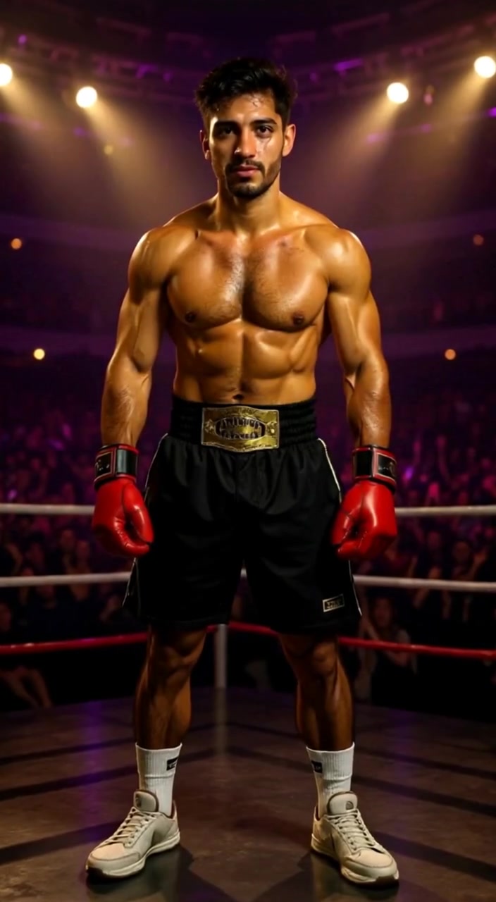 The boxer lands a powerful punch, muscles glistening in the dramatic ring lights, sweat glistening under the spotlight.