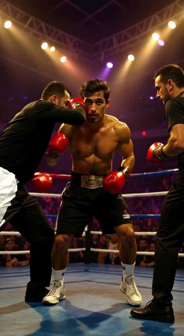 Amir ducks as the boxers exchange powerful punches, the crowd watches in anticipation, the tension palpable in the air.