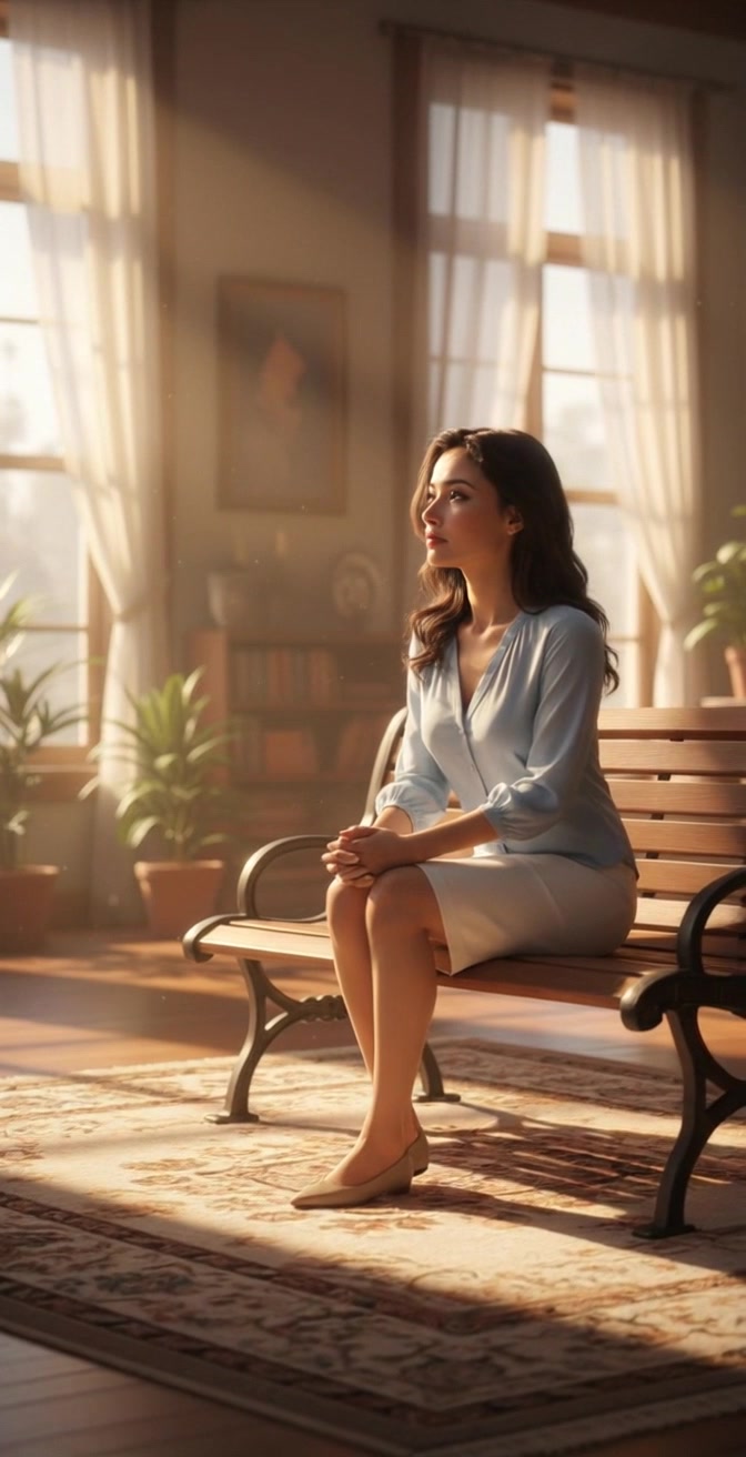 The Woman sitting on a park bench, looking thoughtfully towards the horizon with a soft expression.