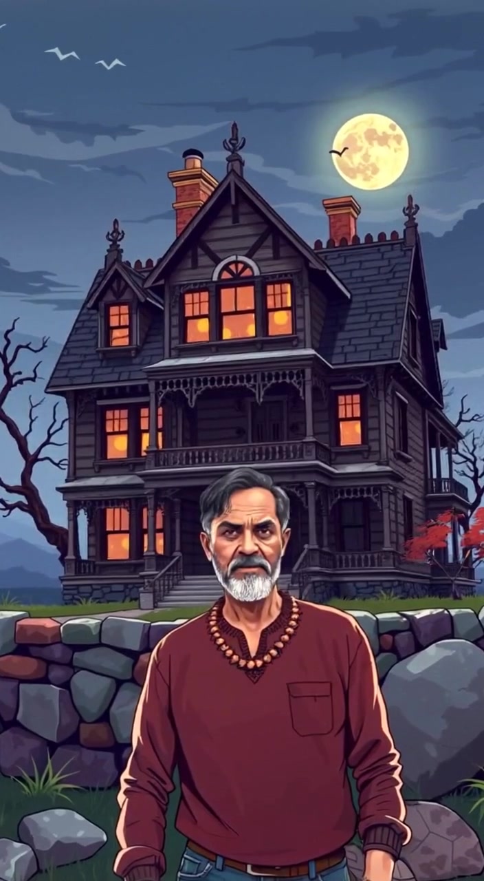 The woman cautiously steps closer to the ancient haunted house, glancing around anxiously under the looming cloudy sky.