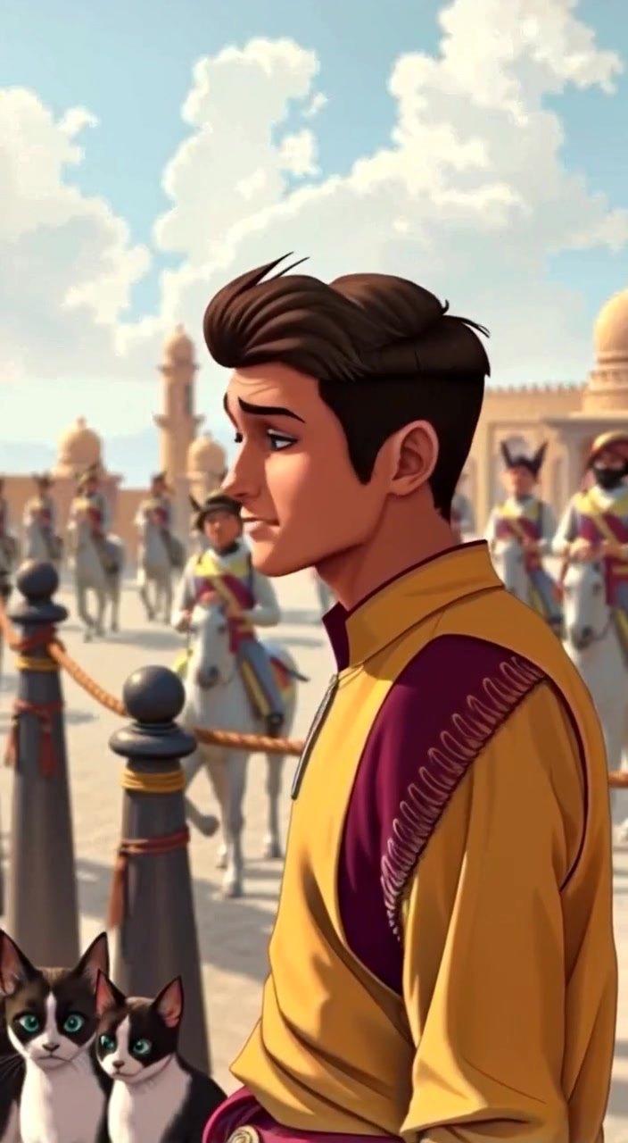A boy stands outside, breathless and wide-eyed, watching horsemen approach slowly in the distance on a dusty road.