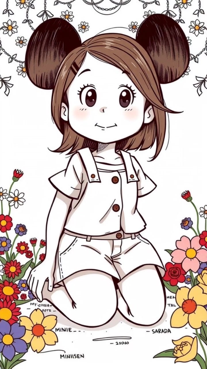 Sarada, wearing casual earth-toned attire, kneels in a sunny park surrounded by colorful flowers. Slowly push in towards Sarada as she reaches out to touch a vibrant red rose. Warm sunlight bathes the scene, creating a peaceful and serene atmosphere.