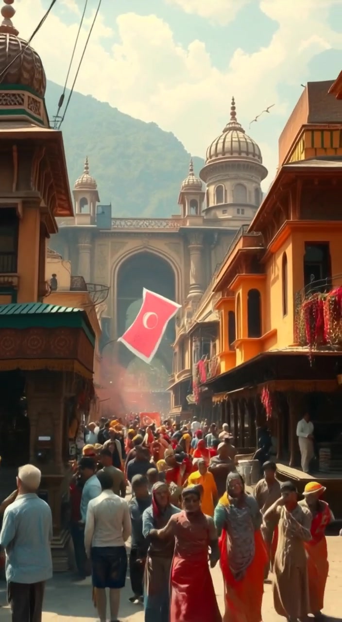 The crowd dances joyfully, throwing vibrant colors into the air under a bright blue sky.