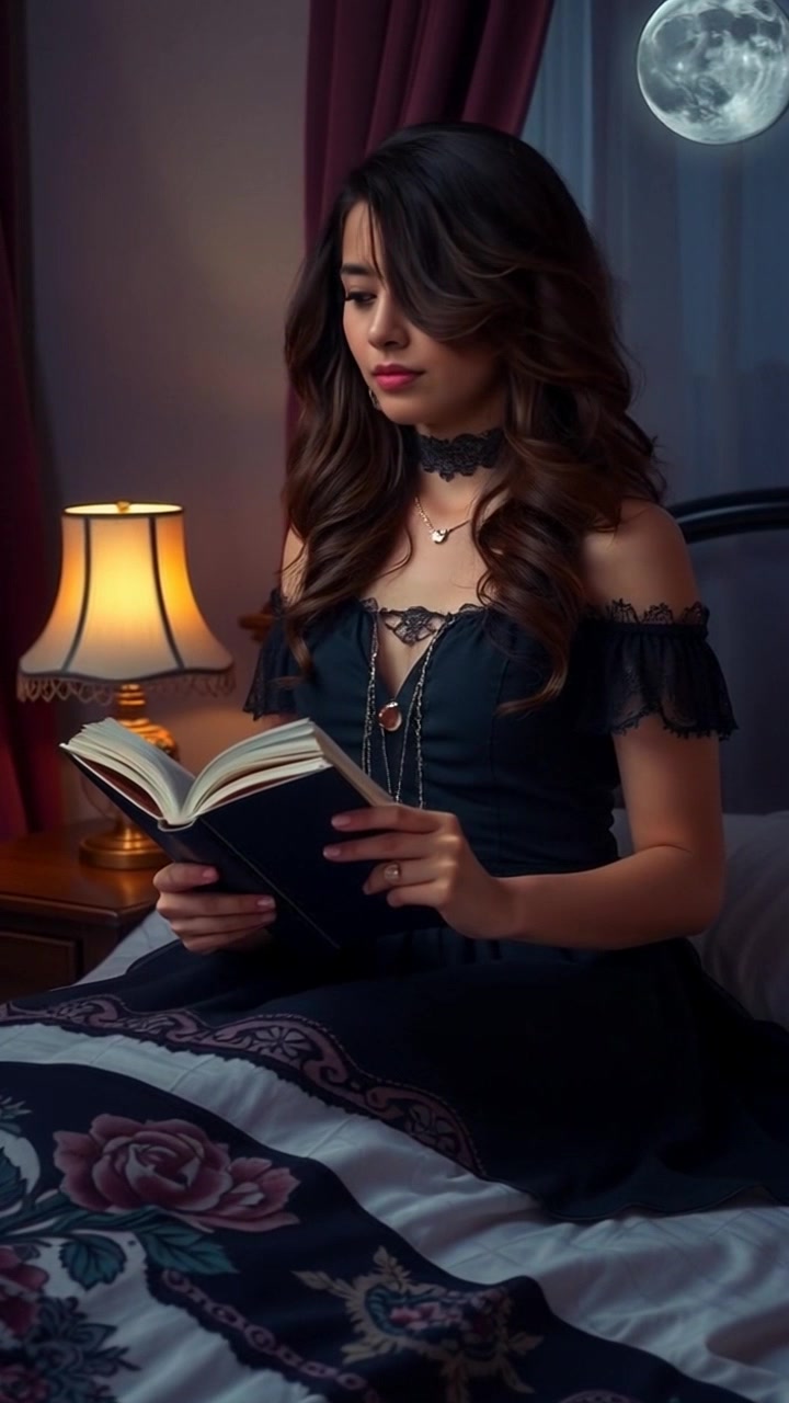 Subject: A young woman immersed in reading. Subject movement: She occasionally looks up from her book, shifting slightly as she seeks comfort in the warm cocoon of her quiet space. Scene: An intimate bedroom setting with a dimly lit lamp casting a soft glow on the surroundings. Style: Warm, inviting lighting that creates a snug atmosphere, perfect for nighttime reading. Motion: The camera smoothly dollies in closer to capture the nuances of her expressions and the pages of the book she is focused on.