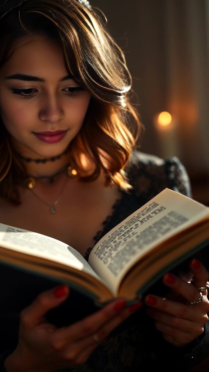 Scene: A close-up of an open book resting on a wooden table, with soft light casting delicate shadows across the pages. Style: Warm, inviting lighting enhancing the texture of the pages and the rich tones of the wood. Motion: The camera slowly shifts focus from the words on the page to the blurred background, creating a sense of intimacy as it captures the peaceful atmosphere.