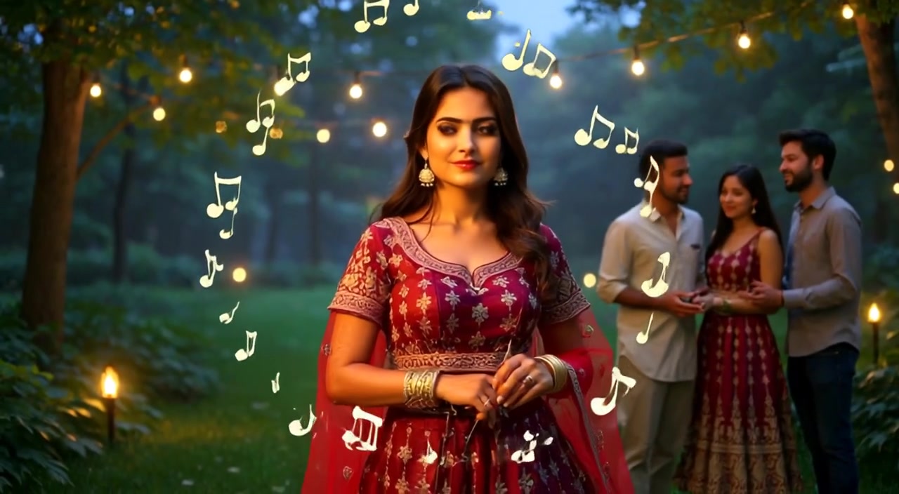 The woman gently sways her head to the rhythm, surrounded by floating music notes in the air.