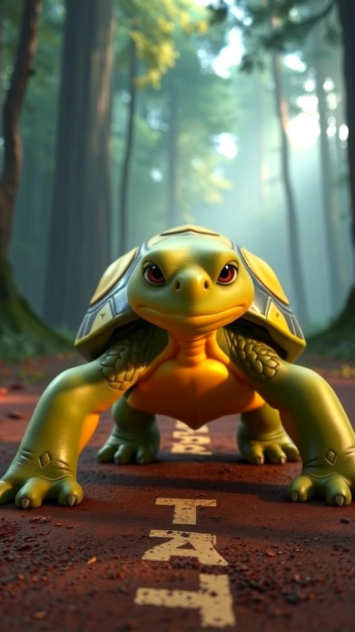 Tortoise at the starting line, looking determined, with his green shell glistening.
