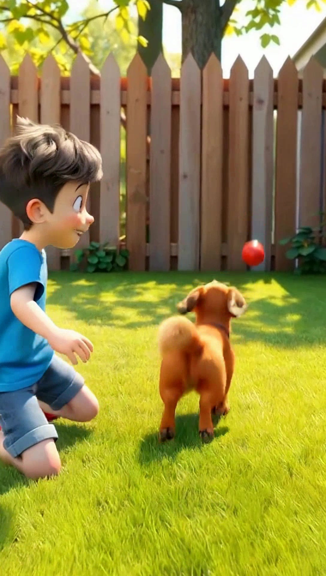 3D Cartoon Child and Dog in the Backyard
