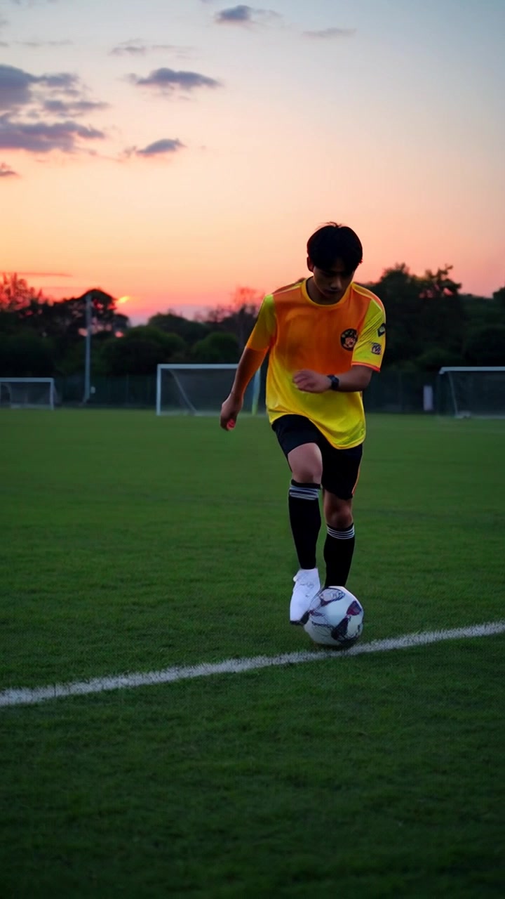 Subject: A determined player practicing soccer alone. Subject movement: The player skillfully dribbles the ball, making quick, agile movements while focused on perfecting his technique. Scene: Open soccer field at dusk, vibrant orange and purple hues in the sky casting a warm glow over the grass. Camera: Smooth tracking shot following the player's movements, capturing the intensity in his expression as he maneuvers the ball. Lighting: Dusk light creating a dramatic, golden-hour effect, enhancing the player's features. Atmosphere: Inspiring and focused, embodying the spirit of dedication.