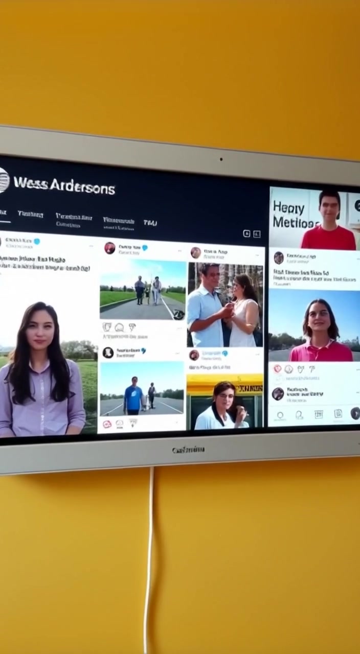 Viral social media clips play on a bright digital screen, as hashtags smoothly transition across the display.