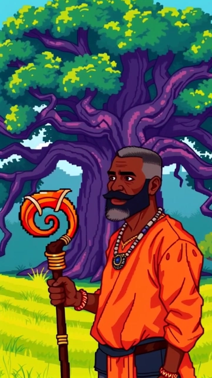 Subject: Elder Kofi standing confidently next to a large ancient tree. Subject movement: The elder lightly sways, gently tapping the ornate staff against the ground. Scene: Lush green field surrounding the ancient tree, rich in vibrant foliage, with sunlight filtering through the leaves above. Style: Soft, diffused morning light creating a serene atmosphere. Motion: Camera performs a slow push in towards Elder Kofi, capturing the intricate details of the ornate staff and the textured bark of the tree, as the colorful landscape unfolds in the background.