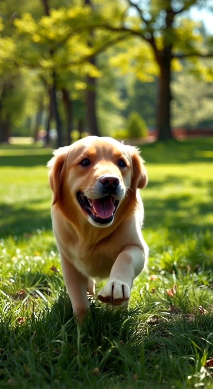 The dog happily runs toward the camera, carrying a stick in its mouth under bright sunlight.