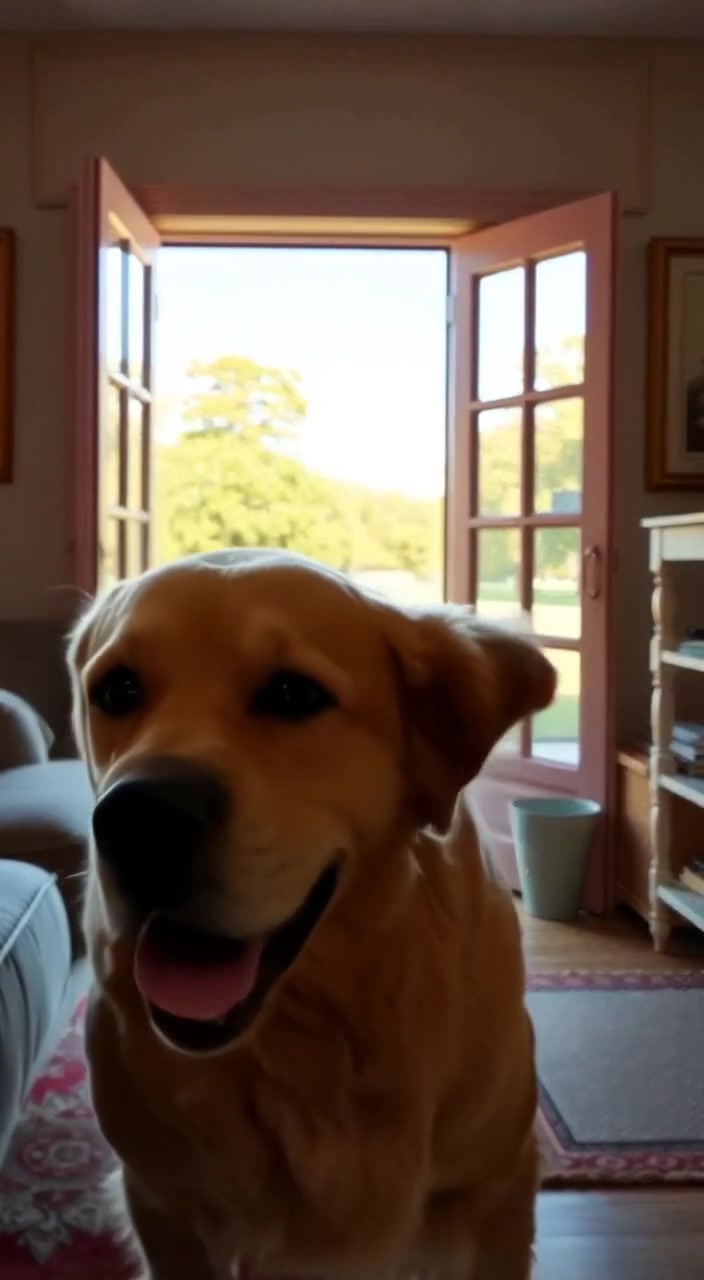 The Golden Retriever jumps excitedly as the person kneels and reaches out to pet him under the sunny sky.