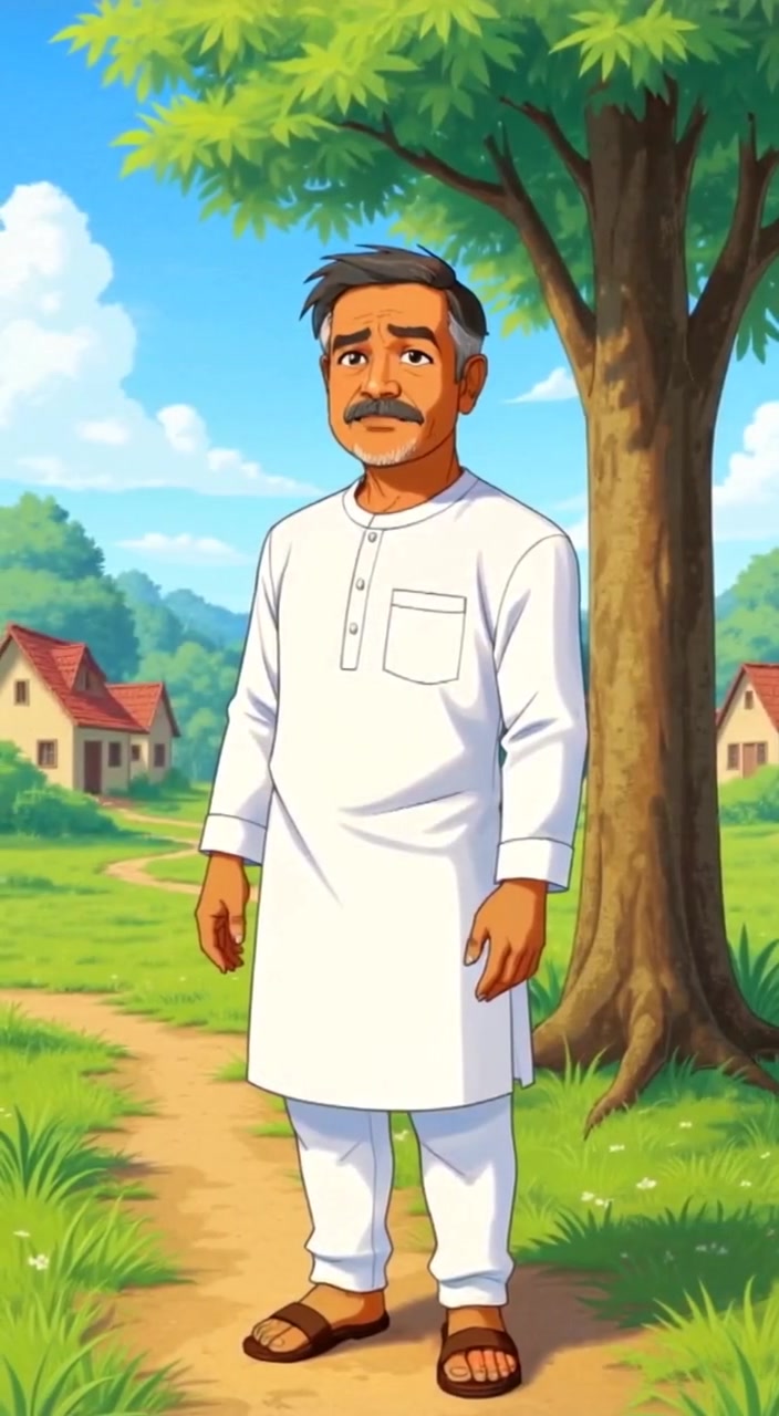 A gentle breeze rustles the leaves of a tree in the quaint village, while the man gazes thoughtfully around.