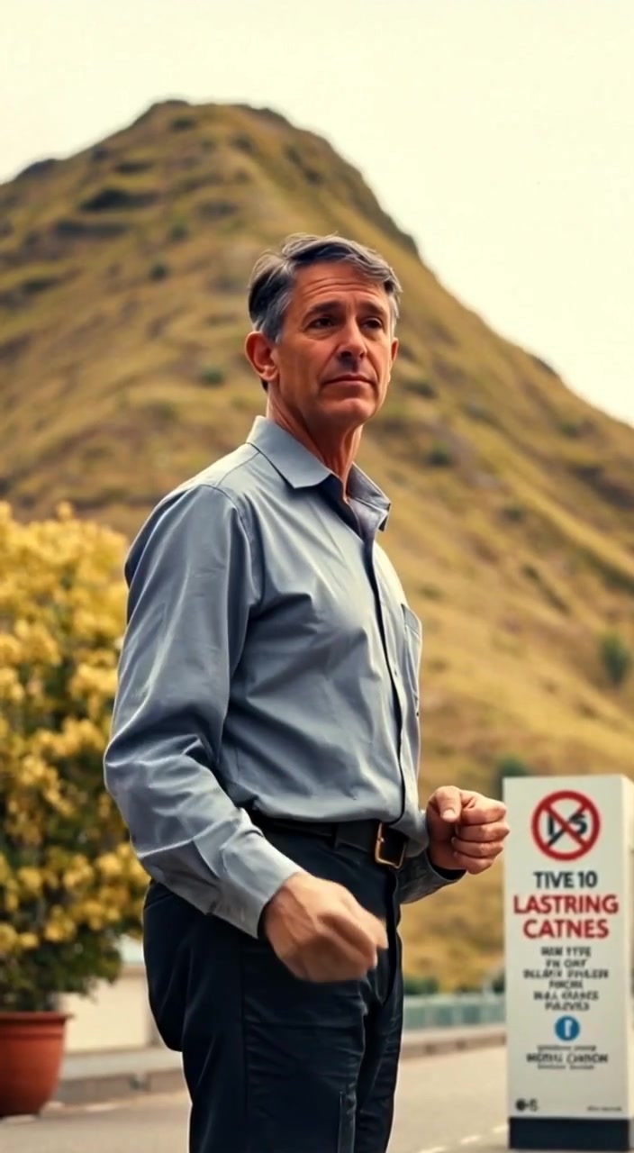 The man takes a deep breath, steadies himself, and begins to climb the steep hill with determination.