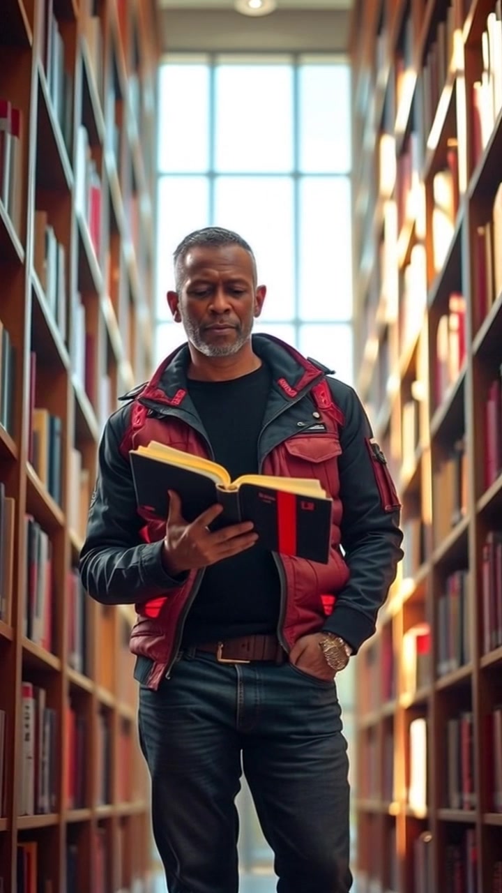 Subject: Kwame, with short curly hair, wearing glasses and casual clothing, holding an open book in a sunlit library. Subject movement: Kwame is still, focusing on the book. Scene: A sunlit library filled with tall, wooden shelves showcasing rows of books. Camera language: Slowly push in on Kwame, starting from a wide shot of the library. Lighting: Soft, warm sunlight streaming through the windows, casting long shadows. Atmosphere: Serene ambiance, inviting viewers to immerse themselves in the tranquility of the library.
