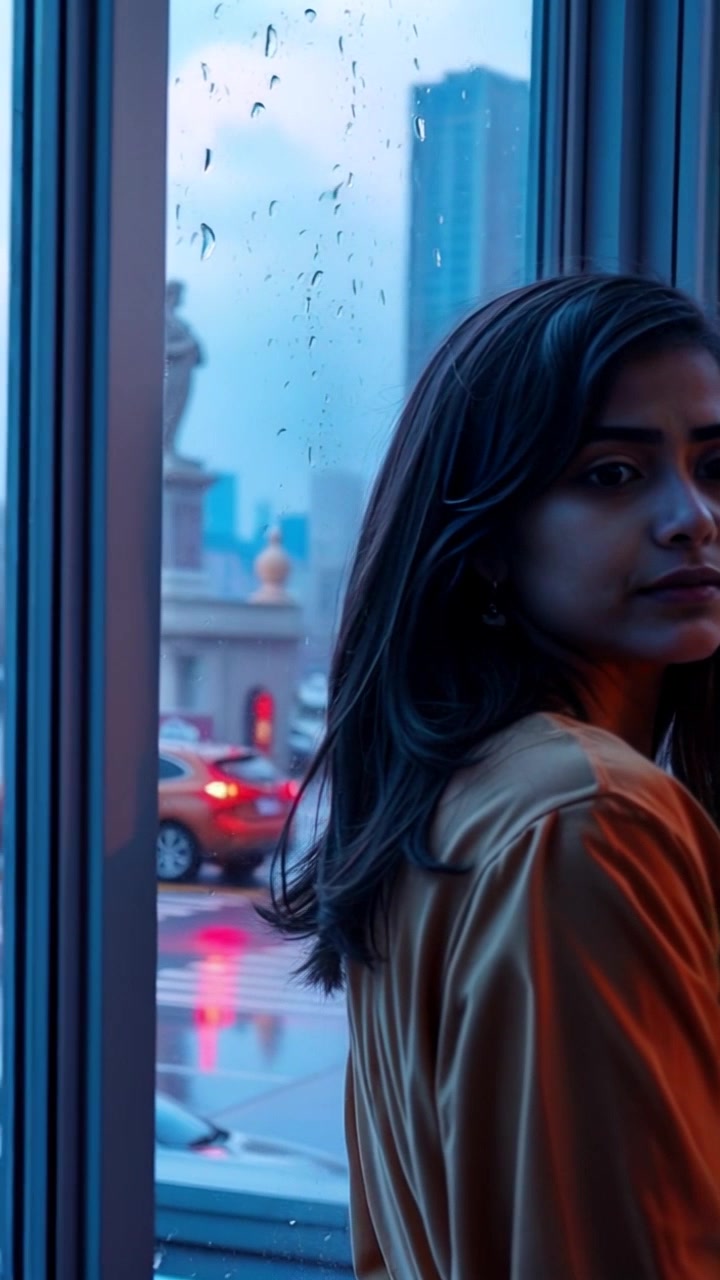 Subject: A person gazing out a window with a somber expression. Subject movement: The person remains still, lost in thought as rain cascades down the glass, creating a melancholic atmosphere. Scene: An intimate indoor setting, with the soft glow of ambient room light contrasting against the dreary, rain-soaked exterior. Motion: A gentle push in towards the window, focusing on the droplets running down the glass, while maintaining the person's reflection, amplifying the bittersweet mood.