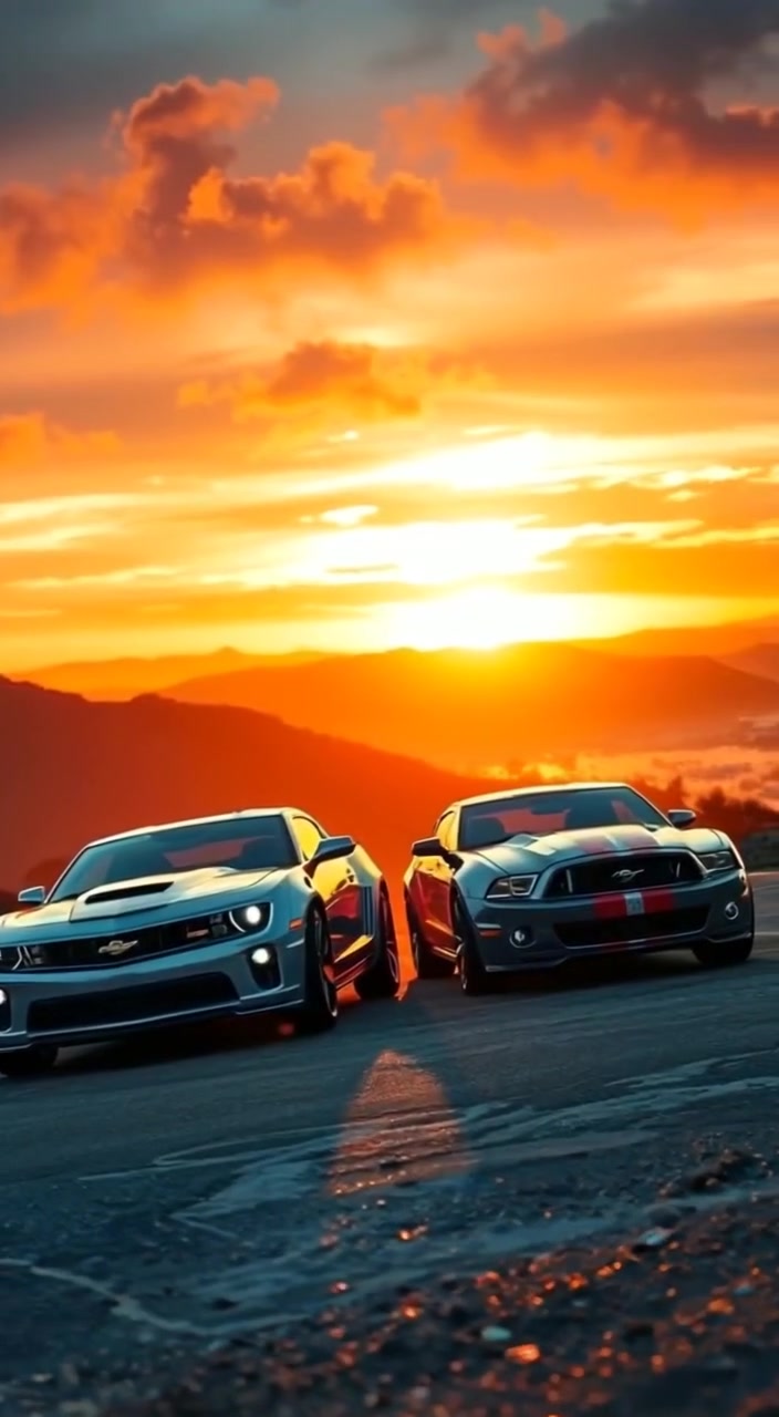 Mountain Sunset Showdown: Classic Cars in a High-Speed Duel