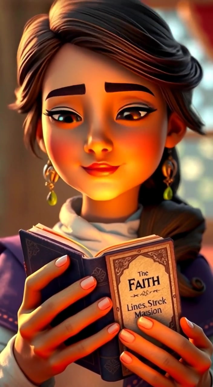 The woman gently opens the worn book, a soft glow illuminating her face in warm light.
