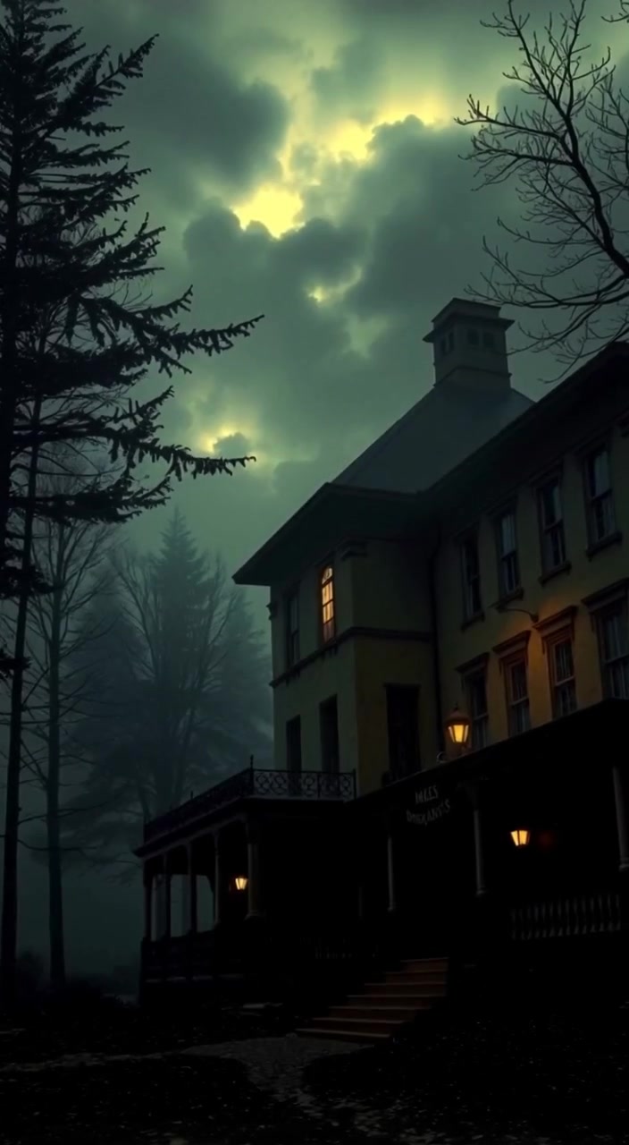Fog gently swirls around the rural hospital as dark trees sway in the breeze under an ominous sky.