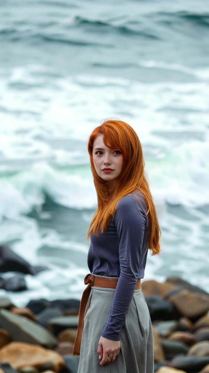 Subject: Emma, a solemn figure with windswept hair and a contemplative expression. Wearing a weather-beaten jacket and jeans, Emma's body posture is reflective and still. Scene: A rugged rocky beach with turbulent waves crashing against the shore, under an overcast sky. Camera Language: Slow zoom in on Emma from a distance, capturing the raw emotion in her gaze as she stands alone. Lighting: Moody natural light filtering through the clouds, casting shadows on the jagged rocks. Atmosphere: Somber, contemplative, with a sense of isolation and inner turmoil.