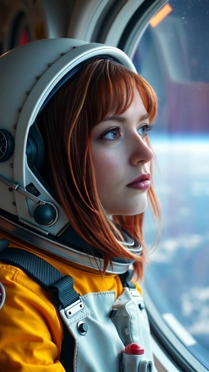 Subject: Emma, with serious expression gazing out of a window into infinite space. Subject description: Intense gaze, dark hair cascading over shoulders, wearing a neutral-toned sweater. Subject movement: Stationary, captivated by the vastness outside. Scene: Minimalist bedroom with a large window framing the endless expanse. Camera language: Slow zoom out from close-up on Emma's thoughtful expression to reveal the expansive view outside the window. Lighting: Soft morning light filtering in, creating a contemplative atmosphere.