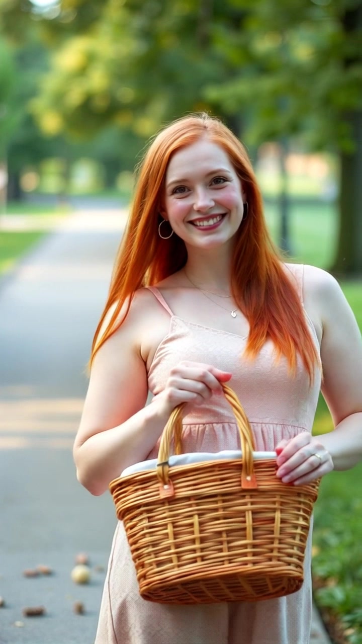 Subject: Emma with a carefree smile, her flowing hair catching the sunlight, wearing a casual sundress and carrying a picnic basket. Subject movement: Emma strolls along a path in the park, exuding a sense of joy and relaxation. Scene: Lush green park setting with dappled sunlight filtering through the trees, creating a tranquil atmosphere. Camera language: Slow push-in on Emma as she walks, capturing the peaceful surroundings and highlighting her radiant expression. Lighting: Soft, warm sunlight creating a gentle glow around Emma and the natural surroundings. Atmosphere: Serene and inviting, with a touch of nostalgia for a perfect day in the park.