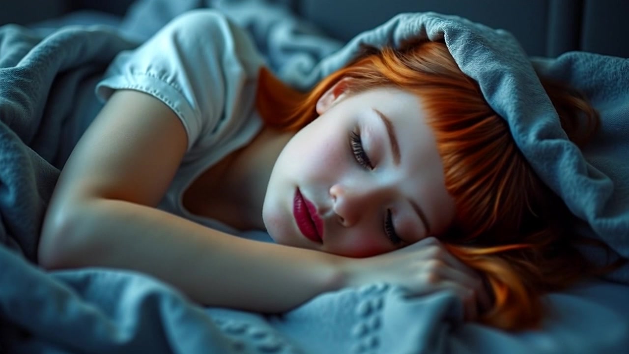 Subject: A young person sleeping peacefully under a cozy blanket, their face partially illuminated by soft, warm light. Subject Movement: Stillness. Scene: Peaceful bedroom setting with minimalistic decor and soft, ambient lighting. Camera Language: Slow zoom in on the sleeping person's face, capturing the tranquility of the scene. Lighting: Soft, warm ambient light creating a serene atmosphere. Atmosphere: Calm, cozy, and tranquil.