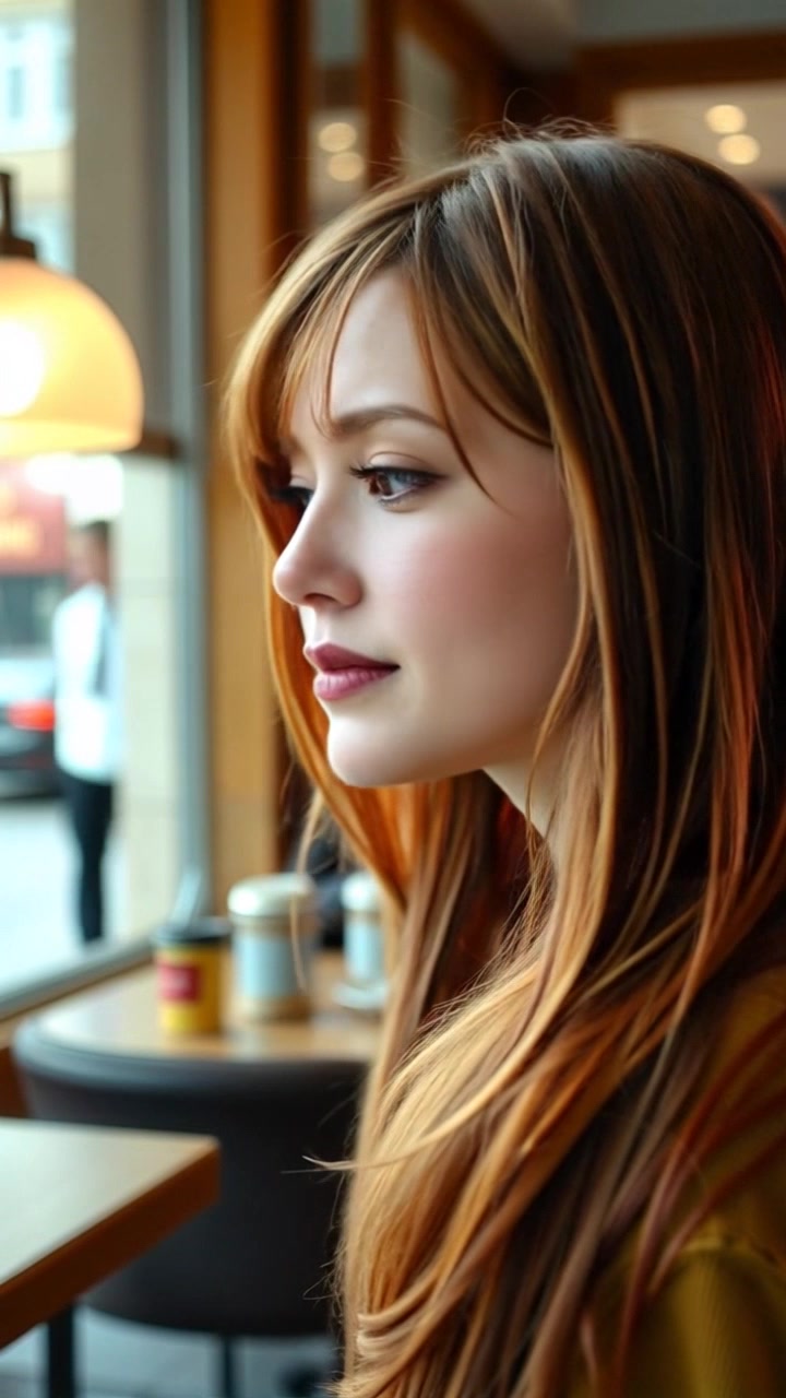 Subject: Emma, with a troubled expression, nervously glancing around in a busy cafe setting. Scene: Cozy cafe ambiance with warm lighting, bustling with patrons and the gentle clinking of coffee cups. Camera Language: Slow zoom in on Emma's face, capturing her emotions and surroundings in a cinematic close-up. Lighting: Soft ambient light, casting shadows and highlights to enhance the mood. Atmosphere: Anxious, intimate atmosphere as Emma wrestles with her inner turmoil in the midst of the cafe's activity.