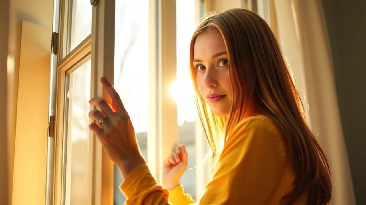 Subject: Emma, a young woman with long blonde hair tied in a messy bun, casual attire of a t-shirt and jeans, delicate facial features, leaning against the open window with sunlight streaming in. Subject Movement: Emma pushes the window open wider, a subtle and deliberate movement. Scene: Cozy bedroom setting with a cluttered desk, soft pastel colors, scattered art supplies, and a fluffy white cat lounging in a sunbeam. Camera Language: Slow dolly in towards Emma as she gazes out the window, capturing the play of light on her face. Lighting: Warm, soft morning light filling the room with a gentle glow. Atmosphere: Peaceful, introspective, and quietly contemplative.