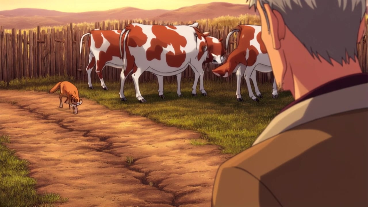 Subject: A humble man with a hesitant expression, observing a cunning fox and his cows. Subject Description: Simple clothing, weathered features, cautious posture. Subject Movement: Stillness. Scene: A rural farmyard at dusk, with a fox lurking nearby and cows grazing in the background. Scene Description: Dusty dirt path, rustic wooden fence, fading sunlight casting long shadows. Camera Language: Slow pan between the man, the fox, and the cows, capturing the tension in the scene. Lighting: Warm, golden-hour glow adding a sense of drama and intrigue. Atmosphere: Suspenseful, contemplative.