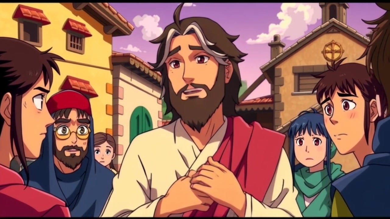 Subject: Jesus wearing flowing robes and a beard, surrounded by villagers in traditional attire. Movement: Jesus gesturing with his hands while villagers listen intently. Scene: Bustling village square with cobblestone paths and ancient buildings. Camera Language: Slow zoom onto Jesus as he imparts wisdom, capturing the villagers' reactions. Lighting: Warm, golden-hour light bathing the scene in a soft glow. Atmosphere: Reverent, communal atmosphere filled with respect and curiosity.